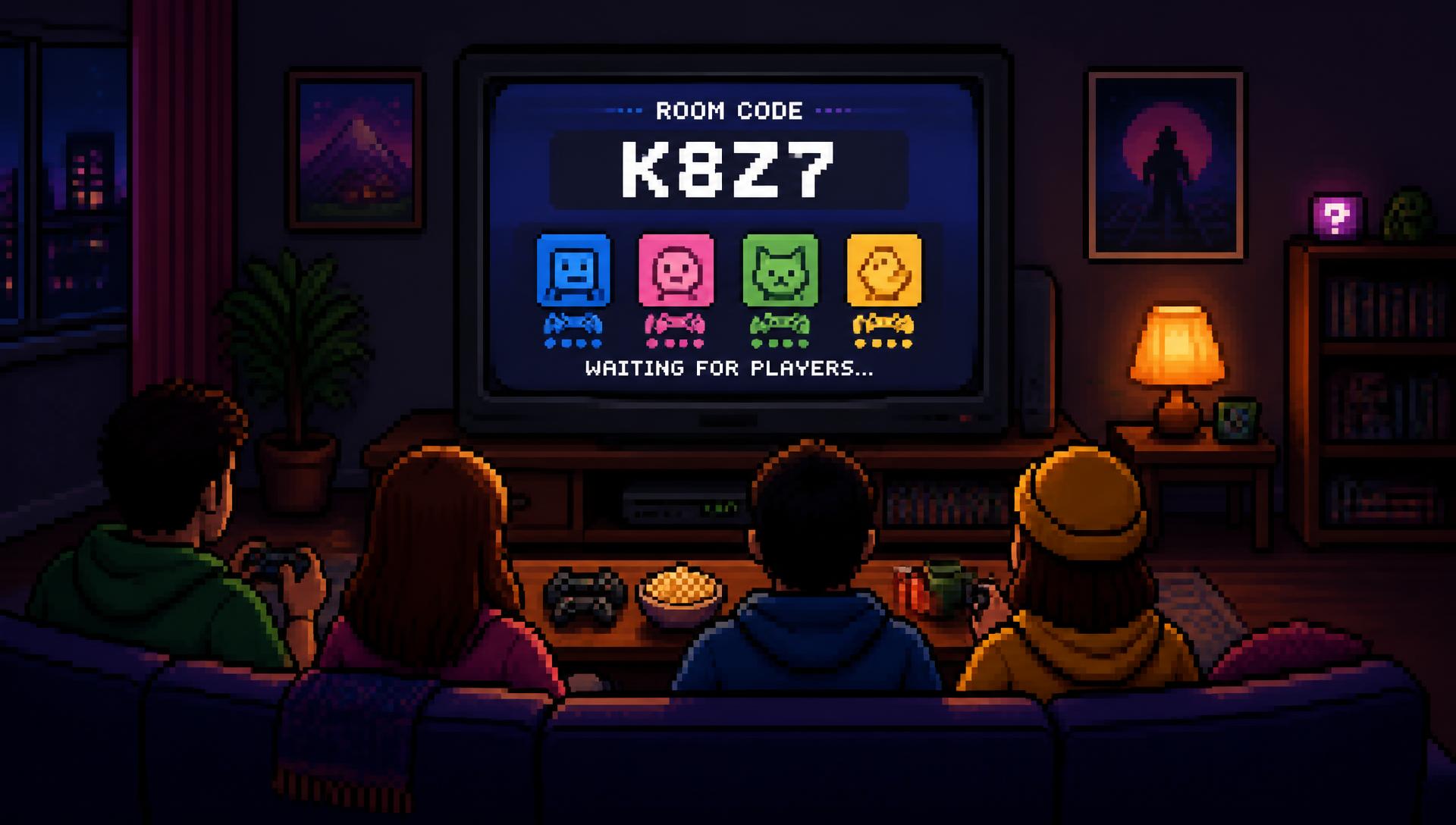 Pixel-art living room where four friends face a TV showing a room code party game lobby